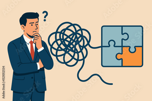 Problem solving concept. Businessman thinking. Untangling complex tangled line. Puzzle solution. Business strategy challenge. Confusion to clarity. Question mark. Idea innovation. Mental process.