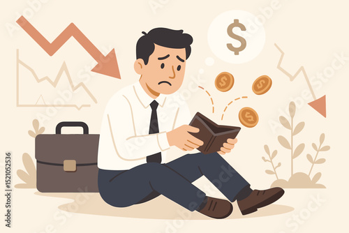 Penniless businessman holding empty wallet, financial crisis. Sad male character facing economic recession, bankruptcy, unemployment. Business failure, investment loss, market crash concept vector.