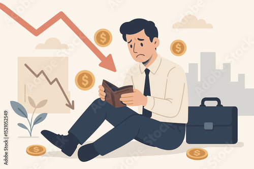 Penniless businessman struggles with financial crisis. Sad entrepreneur looks at empty wallet. Concept of bankruptcy, debt, and investment loss. Economic recession and unemployment. Vector.