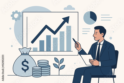 Businessman analyzing market trends, financial growth chart. Investment strategy, data visualization, profit. Corporate presentation with upward arrow, money bag, coins. Success concept vector.