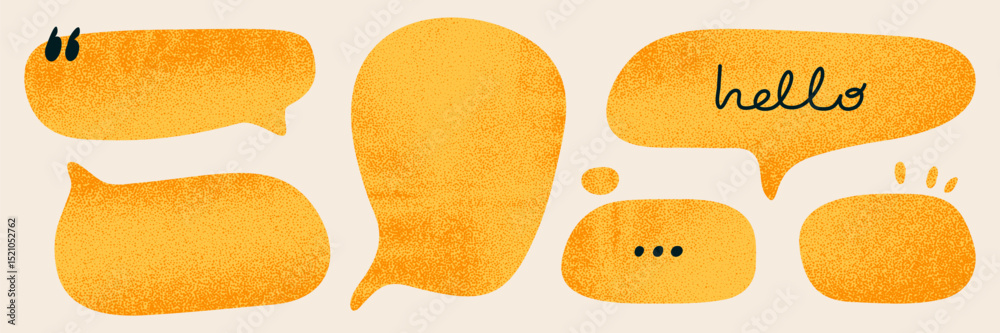 Set of collage yellow text box. Crumpled grunge gritty texture dialogue sticker. Vector irregular speech bubble collection.
