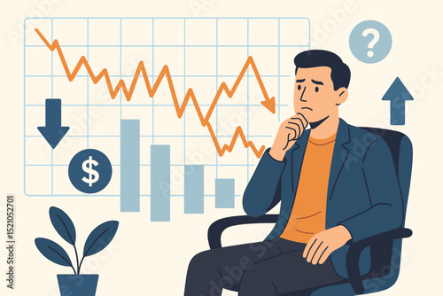 Anxious businessman contemplates stock market crash. Investor analyzing financial data amid economic crisis. Declining chart, investment risk, uncertainty, bear market decision making vector.
