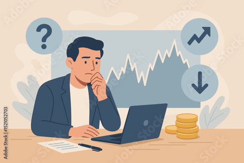 Man investor at desk analyzing financial stock market chart on laptop. Businessman making trading decision, considering investment strategy, risk management, profit, loss, and market uncertainty.