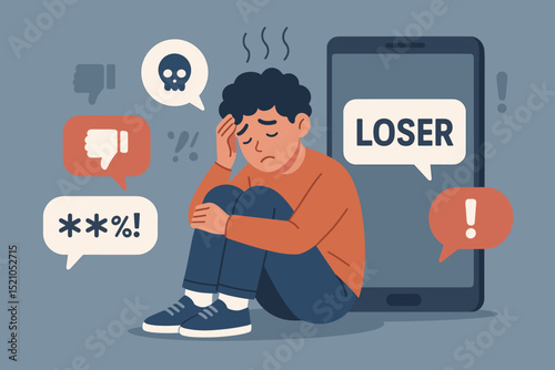 Cyberbullying concept. Online harassment. Sad boy victim. Smartphone hate messages. Loser text. Skull icon. Thumbs down. Internet shaming. Social media abuse. Mental distress. Depression. Vector.