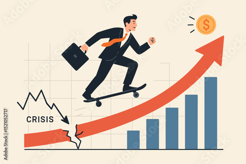 Businessman skateboarding to success, overcoming financial crisis. Concept of resilience, investment, and achieving profit. Manager jumping over broken arrow towards growth chart and dollar coin.