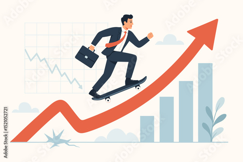 Businessman skateboarding to success concept. Rising arrow graph. Financial growth, career progress. Overcoming adversity metaphor. Business strategy, ambition, determination. Modern vector art.