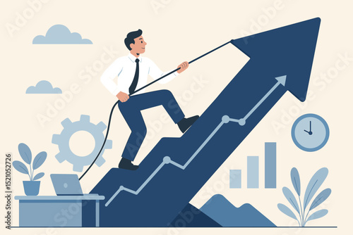 Peak performance concept. Businessman striving for success, climbing upward arrow graph. Career growth, professional development, business strategy. Motivation, achievement, reaching goals.
