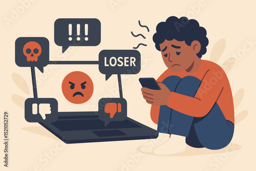 Cyberbullying concept illustration. Online harassment. Sad victim, teen distress. Smartphone, laptop show hate speech, negative icons, bullying messages. Social media abuse. Mental health crisis.