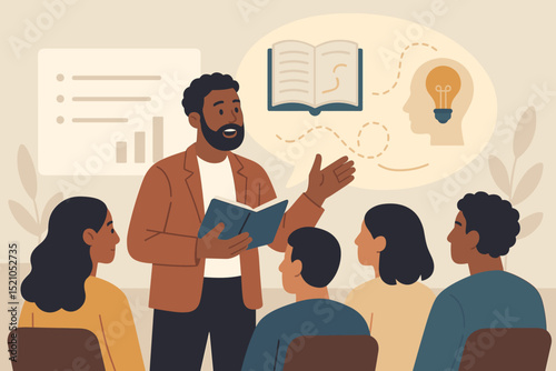 Dynamic Black educator, storyteller, or presenter leading engaging workshop. Diverse audience learning, idea generation, knowledge sharing. Public speaking, education concept vector illustration.