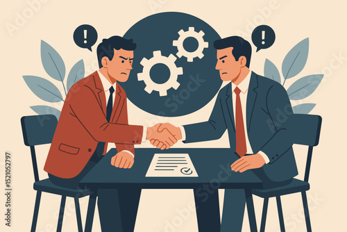 Tense negotiation. Businessmen handshake. Difficult contract agreement. Strategic partnership conflict. Gears warning signs. Corporate deal challenges. Uneasy alliance. Problem resolution vector.
