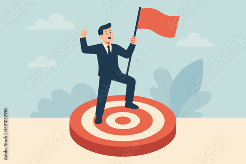Successful businessman holding flag on target, achieving business goals, victory, career success, triumph, accomplishment, mission completed, leadership achievement, precise marketing strategy