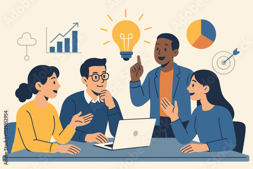 Business brainstorming session with diverse team collaborating on new ideas. Concept of innovation, strategy, teamwork, and growth. Office meeting with laptop, lightbulb, charts, and target.