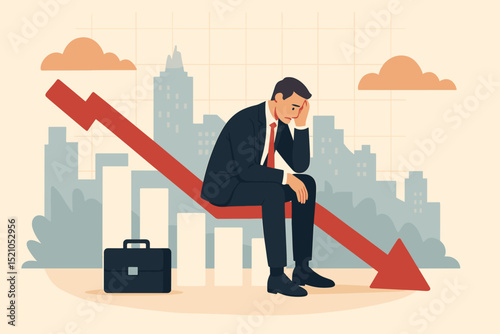 Economic recession concept. Stressed businessman on declining red arrow graph. Financial crisis, market crash, business failure, bankruptcy, investment loss, job loss, despair, finance.