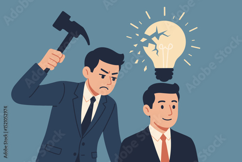 Sabotaging Ideas: Businessman smashing lightbulb over coworker's head with hammer. Concept of destructive competition, rivalry, and undermining creative thought in business.