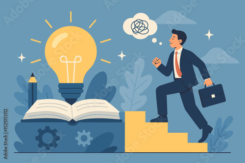 Entrepreneurial Path to Success: Businessman Climbing Stairs Towards Bright Idea, Overcoming Business Obstacles, Personal Growth, and Creative Problem Solving.