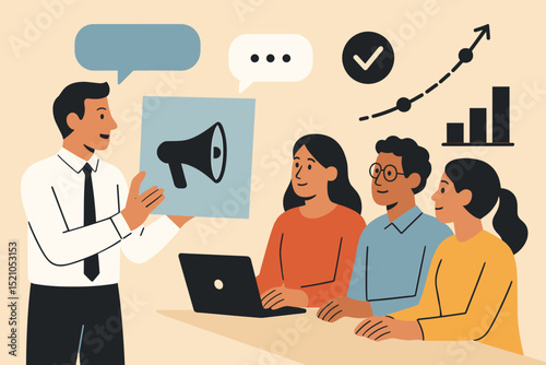Business Communication Skills Training. Team Brainstorming Meeting. Persuasive Public Speaking. Presenting Marketing Strategy. Workshop Audience. Coaching, Discussion, Learning. Corporate Training