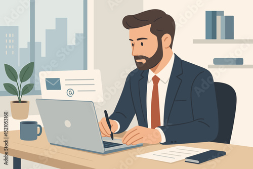 Professional Businessman Crafting Business Emails in Office, Working on Laptop, Responding to Correspondence, Engaging in Communication, Corporate Success, Modern Workplace