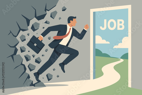 Ambitious businessman breaking through wall, overcoming career barriers, finding new job opportunities, path to success. Metaphor for challenge, future, freedom.