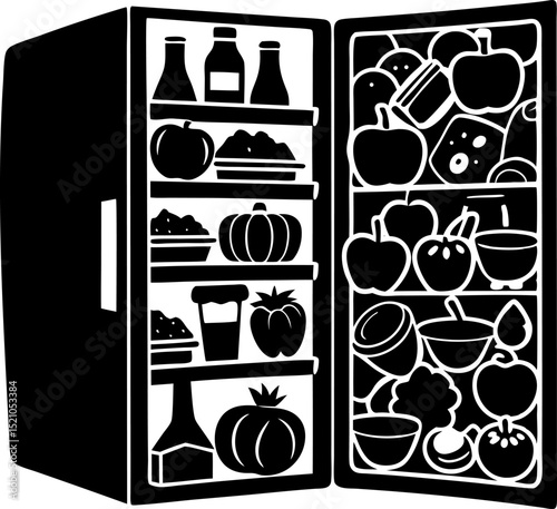 Silhouette of a refrigerator filled with food shapes.