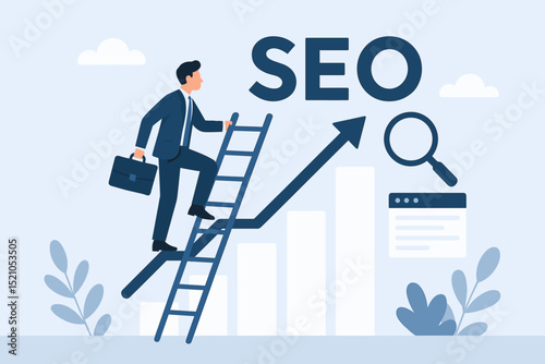 Professional man climbing a ladder to achieve SEO success, representing career progression, business growth, digital marketing optimization, website ranking, and online visibility strategy.