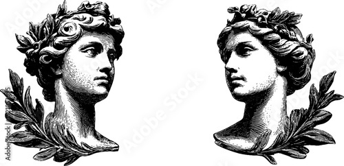 Classic engraved sculptures of female busts with laurel wreaths