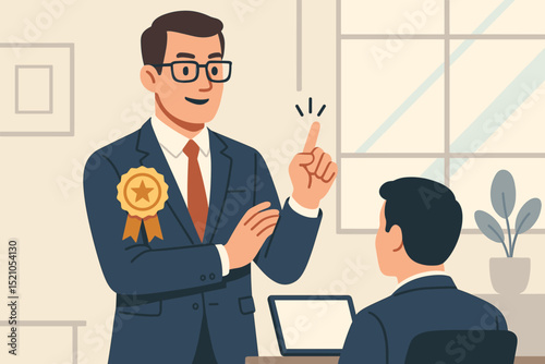 Award-Winning Business Leader Coaching Employee, Mentoring and Inspiring Success in Office Setting. Professional Development, Recognition, and Teamwork. Corporate Achievement Concept.