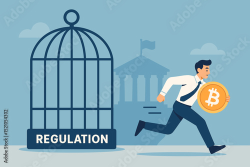 Businessman escaping strict cryptocurrency regulation. Bitcoin, crypto, blockchain freedom from financial restrictions. Digital money, innovation, financial technology, evasion, and control.