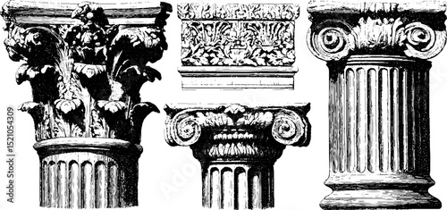 Engraved illustration of classical sculpted female figures and architectural details