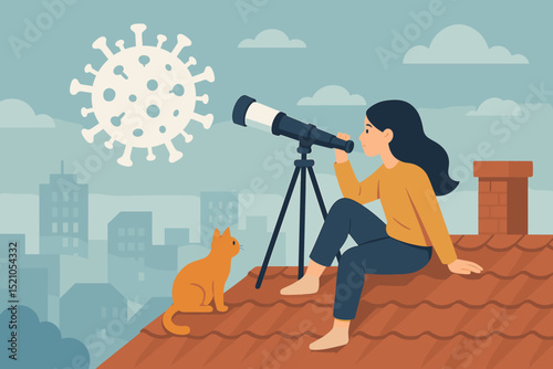 Woman stargazing on rooftop with cat during pandemic, looking through telescope at abstract COVID-19 virus, symbolizing hope, science, and resilience in urban isolation