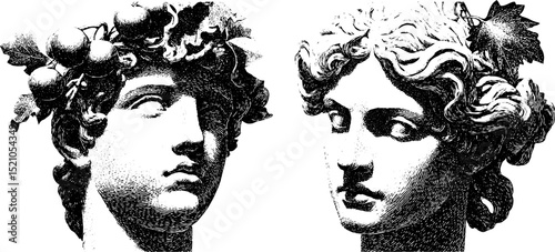 Intricately engraved set of sculpted female and male busts with classical aesthetic