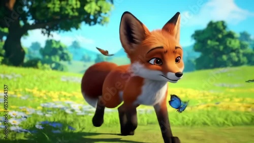 Playful fox chasing butterflies in vibrant meadow scene with blue skies
