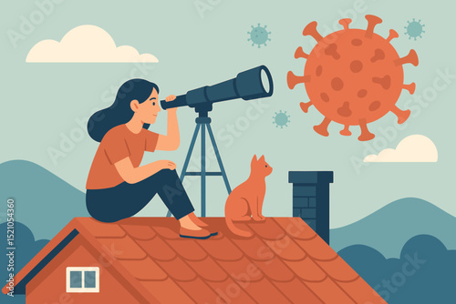 Woman on rooftop with cat observing a giant COVID-19 virus through a telescope, symbolizing pandemic challenges, social distancing, and hope during crisis. Mental health.
