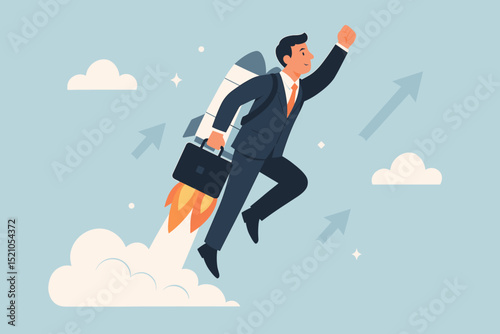 Ambitious businessman launching with a rocket jetpack, symbolizing career advancement, business growth, startup success, innovation, and professional opportunity on an upward trajectory.