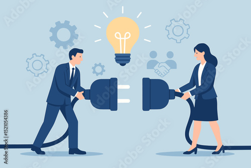 Business collaboration and partnership. Connect, plug, teamwork, innovation, solution, idea, cooperation, electricity, power, light bulb, connection. Businesspeople work together.