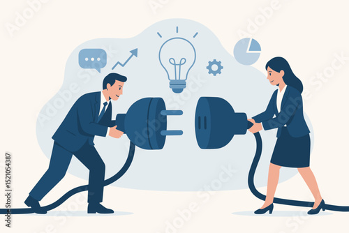 Business partnership collaboration concept. Man and woman connecting plug and socket. Teamwork, innovation, solution, idea generation. Powering business together for growth success. Partnership.