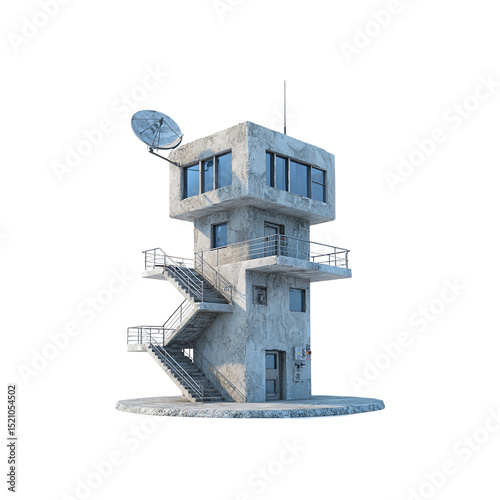 Grunge concrete watchtower with a satellite dish on a rocky base. Military, surveillance, sci-fi, abandoned png