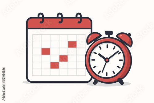 Time management concept with a red alarm clock and calendar icon. Deadline, schedule, planning, and important dates reminder. Event organization. Isolated vector illustration.