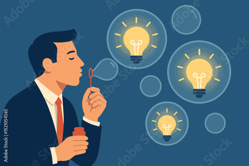 Creative business innovation concept with businessman blowing bubbles shaped as glowing light bulbs symbolizing ideas, creativity, brainstorming, and bright thinking