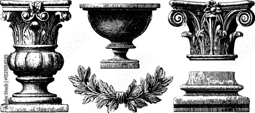 Engraved illustration set of classical sculpted figures and architectural elements