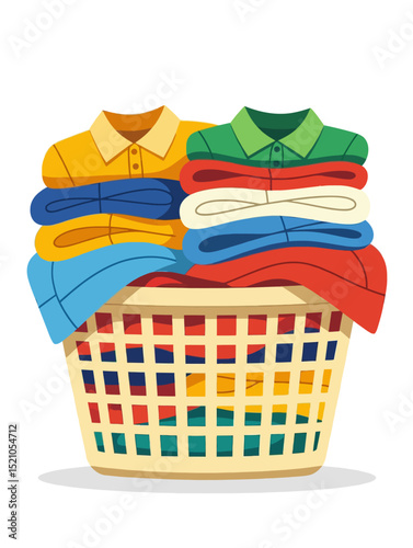 A cartoon vector illustration of a laundry basket overflowing with clean, folded colorful clothes, ready to be put away.