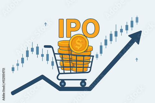 IPO Initial Public Offering concept with money coins in shopping cart and growing stock market chart. Investment, profits, and financial growth illustration. Business success.
