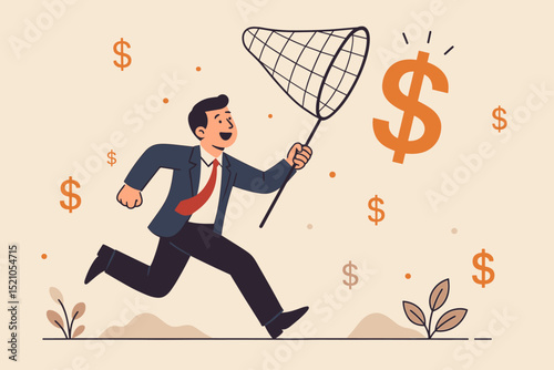 Entrepreneur running with net to catch big dollar sign. Financial success, income growth, business investment, wealth accumulation concept. Money chase, profit pursuit, earning.