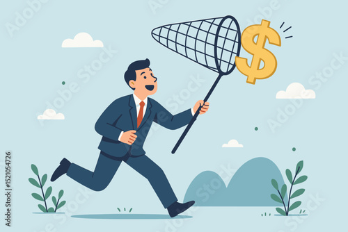 Entrepreneur Chasing Financial Success: Businessman Actively Pursuing Money, Wealth, and Income Goals. Professional Investor Catching Dollar Sign with a Net. Flat Vector Illustration.