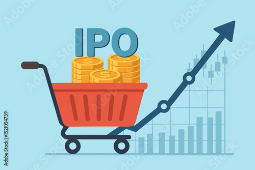 Initial Public Offering (IPO) Investment Growth and Financial Success. Skyrocketing Stock Market Profits. Cart of Gold Coins Rising to Success, Business Financial Strategy, Investment, Success