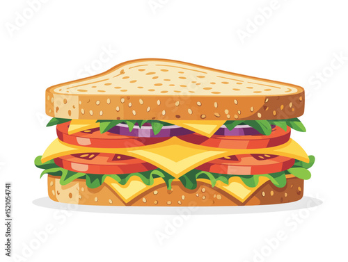 A colorful vector illustration of a layered sandwich with tomatoes, cheese, and vegetables, perfect for food-related content.