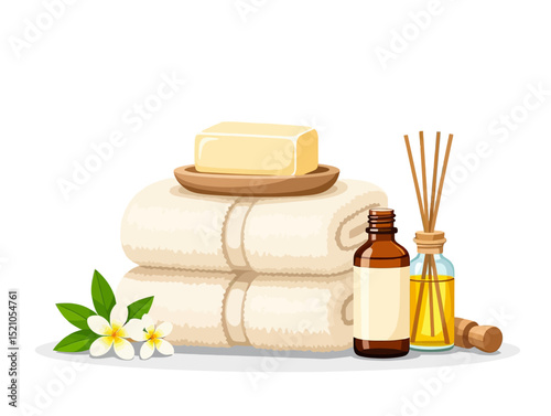A serene spa scene featuring towels, soap, essential oils, and frangipani flowers, promoting relaxation and wellness. Vector illustration