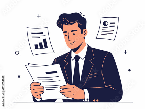 A vector illustration of a businessman in a suit reviewing documents. Papers with charts and diagrams are floating around.