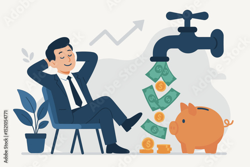Happy businessman relaxing with hands behind head, enjoying passive income flow from financial faucet into piggy bank, illustrating financial freedom, investment, and growth concept.