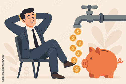 Passive income stream concept, financial freedom, money flow from faucet to piggy bank. Business growth, investment, wealth, savings, successful man relaxing, financial security.