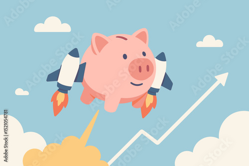 Rocket-powered piggy bank flying upwards, symbolizing financial growth, investment success, savings, business startup, accelerating wealth, and rapid economy development